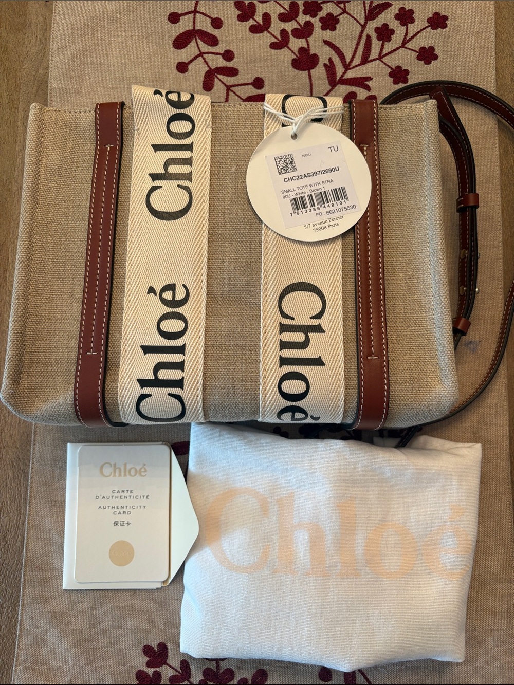 CHLOE Woody Small Canvas Tote Bag Authentic in Beige with Brown Trim